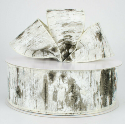 1.5'' / 2.5'' Wired ribbon birch bark tree canvas grey off white 5yds CHOOSE WIDTH