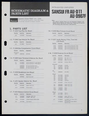 Original SANSUI AU-D11 AU-D907F Amplifier Schematic Diagram & Parts List o151
