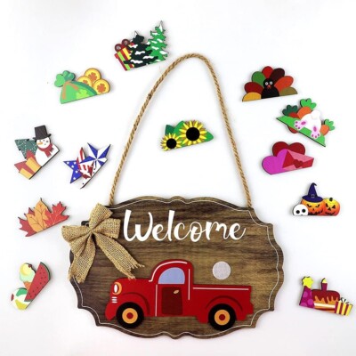 Door Wall Wood Welcome Sign Country Red Truck w/ 12 Interchangeable Holiday Icon