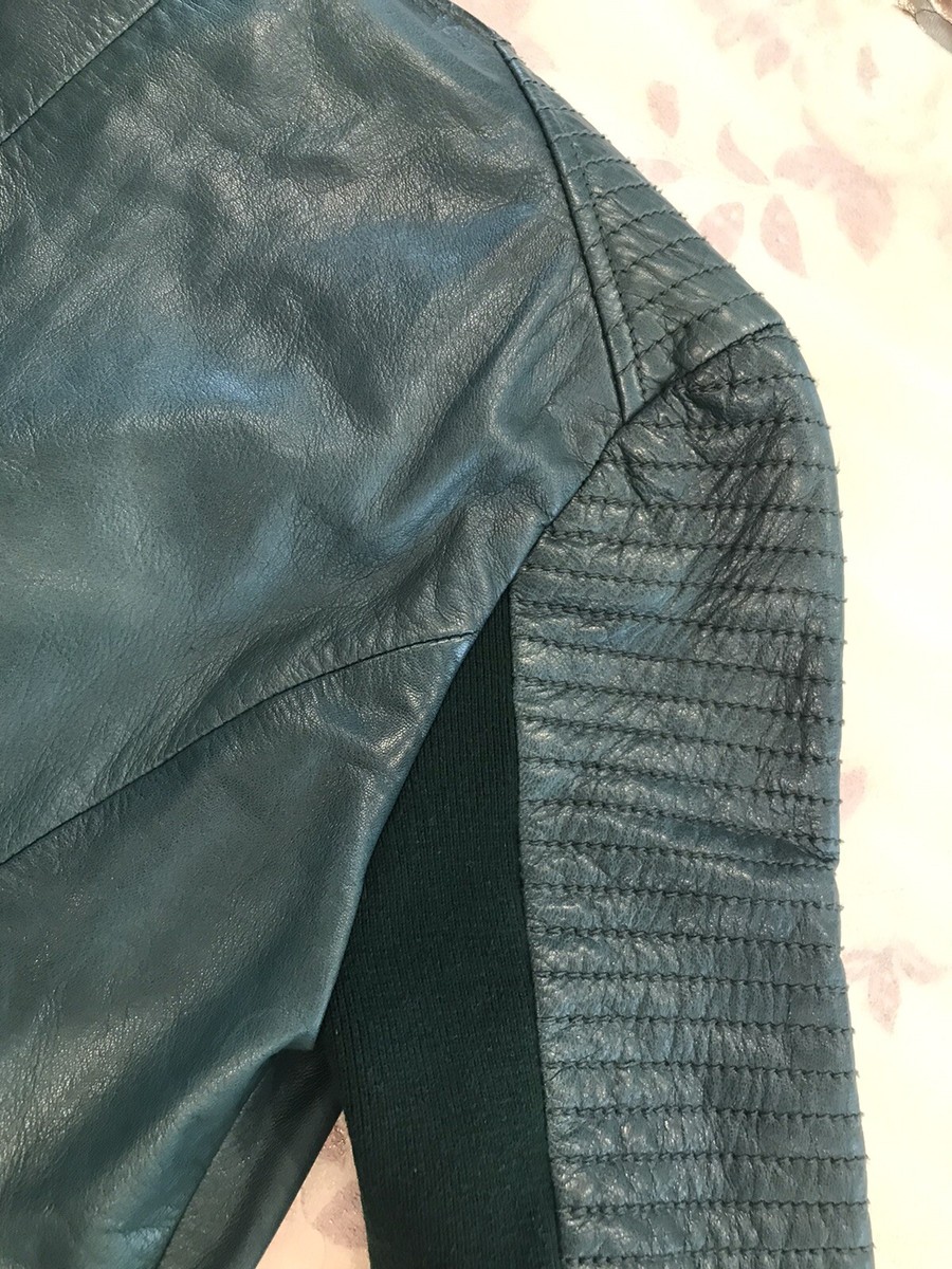 Veste En Cuir Matelassée Verte Trouve - Taille XS - Style Biker - Occasion Très Bon état