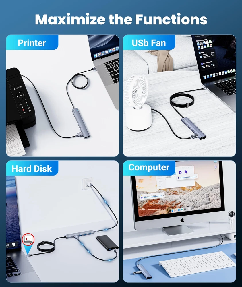 Aceele 4-Port USB 3.0 Hub with 4ft Extended Cable for Fast Data Transfer