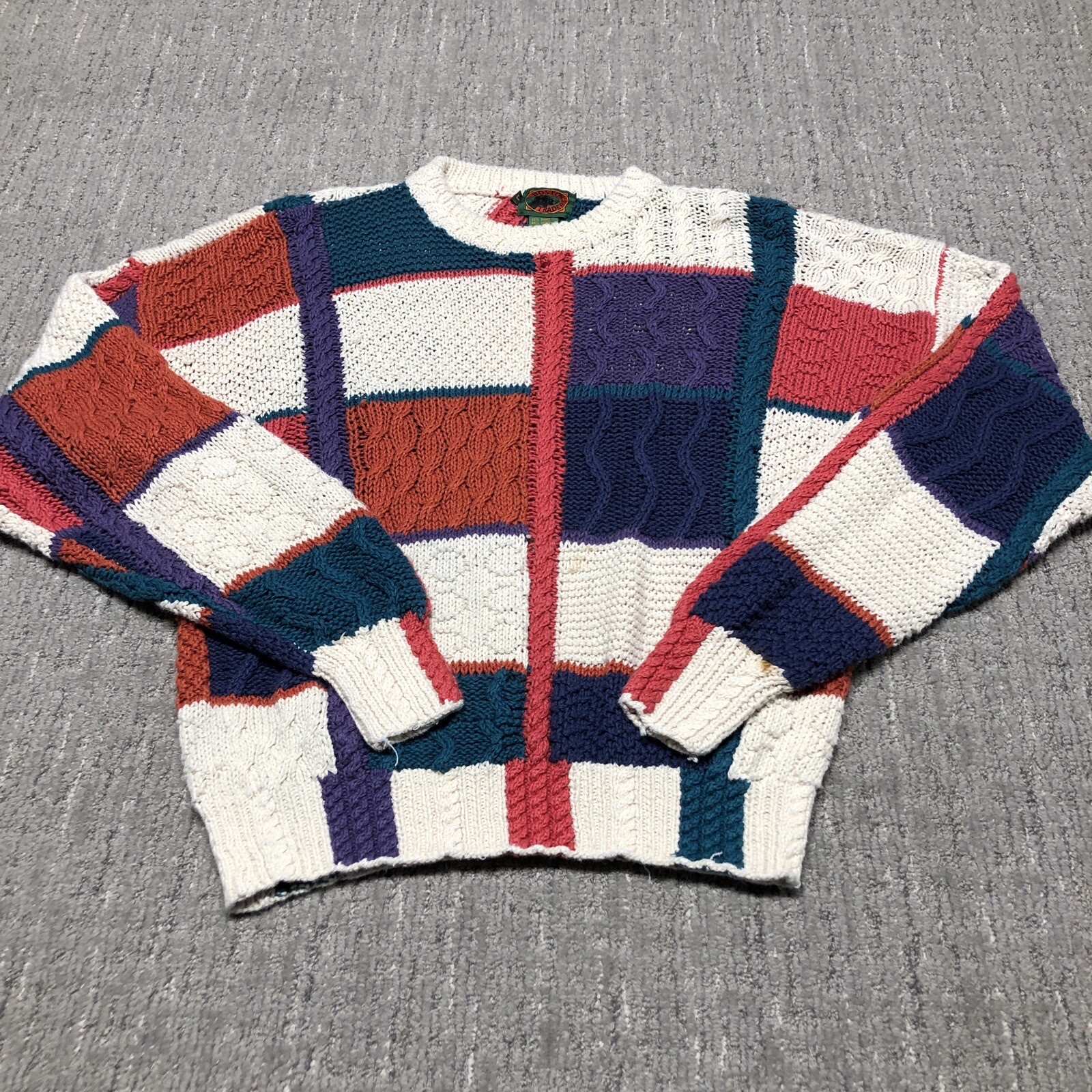 Vintage 90s Boston Traders Patchwork Chunky Crewneck Sweater Size L Multicolor