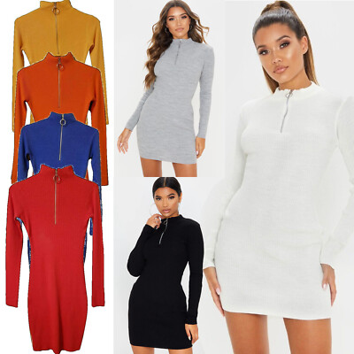 Robe courte en jersey élastique pour femme, col roulé, fermeture éclair, 7710