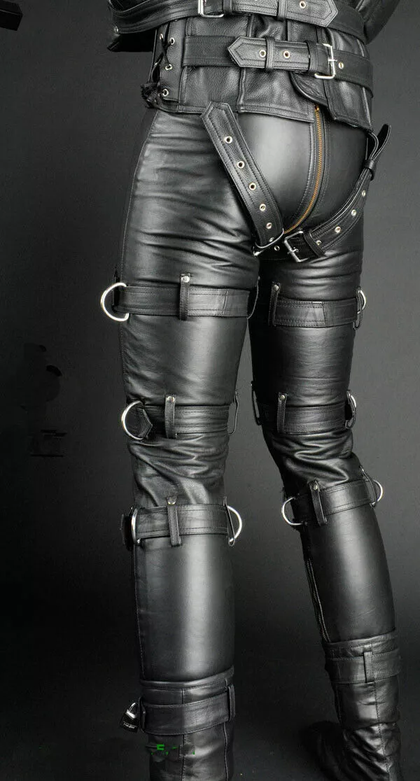 MEN'S LEATHER PANTS DOUBLE ZIP FETISH STYLE LOCKS FREE | eBay