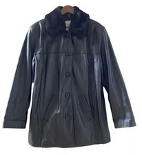 Jacket Black Leather Faux Fur Collar Buttons Lined Women Sz L Modern Essentials