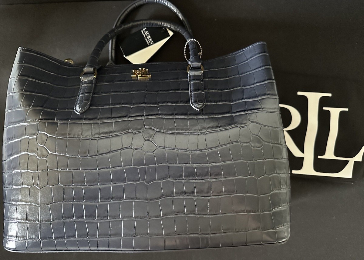 Polo Ralph Lauren Embossed Leather Marcy Blue Purse Bag Large New 