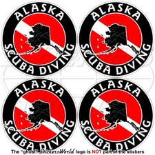 ALASKA SCUBA DIVING Flag-Map Shape USA Circular Vinyl Stickers, Decals 50mm x4