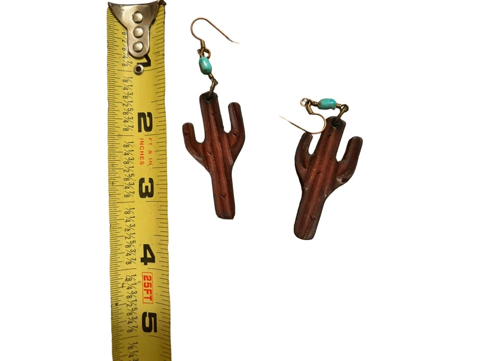 南部西部女牛仔波西米亚皮革仙人掌声明耳环手工雕刻 — 第 3/4 张图片