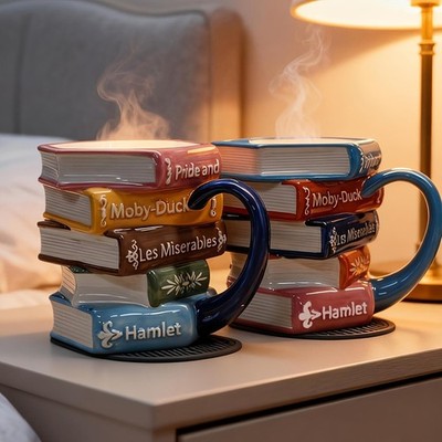 Premium Reader Gift 11oz Hand Painted Stacked Books Mug Coffee Cup for Bookworms