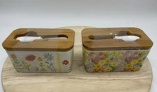 Huntington Home Spring Floral Butter Dish 2 Pack Bamboo Lid Ceramic Spreader