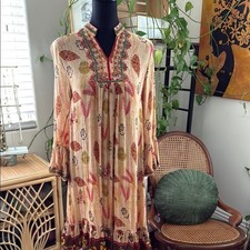 Zara Earth Tone Paisley Floral Print Long Sleeve Boho Hippie Ruffle Hem Dress