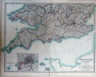 Alter antiker Druck Karte England Wales Atlas London Kanalinseln Scilly