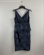 NWT David's Bridal Women's Blue Satin Beaded Tiered V-Neck Sheath Dress Size 6