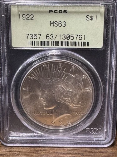 1922 P $1 PEACE DOLLAR - PCGS MS-63, OLD GREEN HOLDER Free Shipping