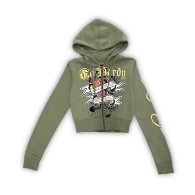 ED HARDY  Broken Hearts  SAGE CROPPED ZIP UP HOODIE