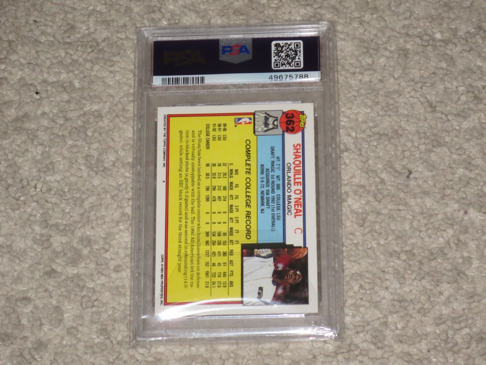 Shaquille O'Neal 1992 Topps Rookie Card RC ICONIC Photo #362 PSA 10 GEM MINT view 2
