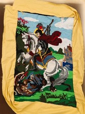 Vintage St George Dragon Wool Needlepoint Tapestry Hand Woven Wall Hanging