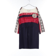GUCCI Interlocking G Dress Women's Cotton Polyester Navy Red Ivory Size [insert