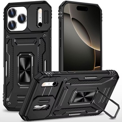For iPhone 17 Pro Max Case Sliding Lens with Magnetic Ring Stand +Tempered Glass