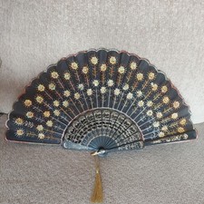 Peacock Fold Hand Fan Black Fabric Gold Embroidered Sequined Flowers