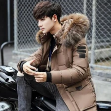 Mens Hooded Fur Collar Parka Jacket Slim Fit Mid Long Overcoat Snow Coat Zsell