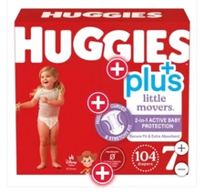 Size 7 Huggies Little Movers  Baby Diapers, 41 + lbs and up, 104 count