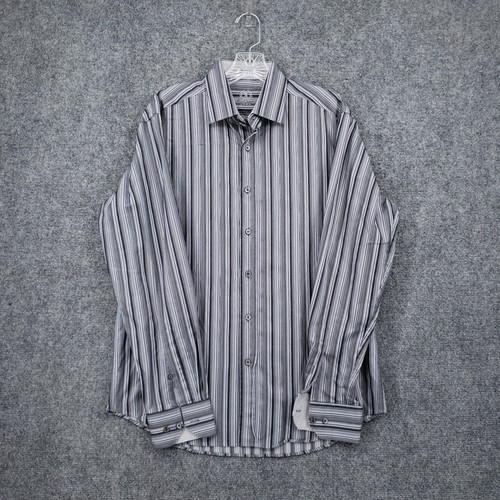 Bugatchi Uomo Shirt Men M Medium Gray Striped Button Up Flip Cuff Shaped Fit - Picture 1 of 13
