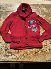 Super Preppy Red Cotton Shawl Neck Varsity Cardigan Leather Buttons P-wing