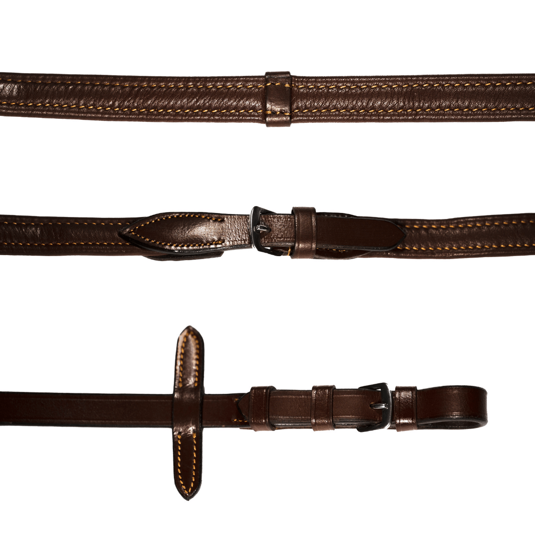 Padded nappa leather reins (flat) - oak brown (silver fittings)
