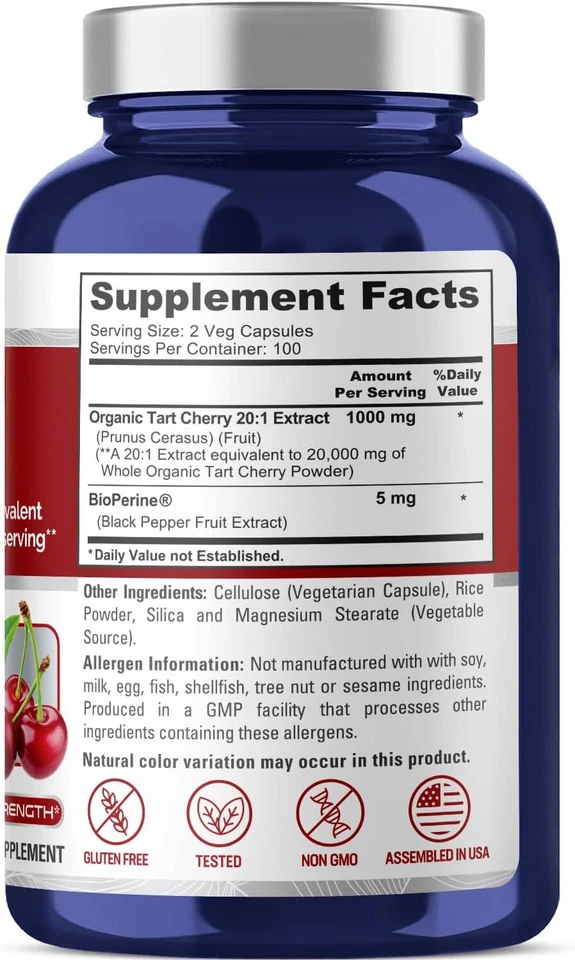 Cereza ácida 20.000 mg 200 cápsulas vegana, sin OGM y sin gluten Foto 2 de 2