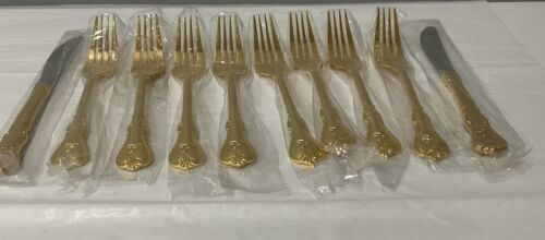 Cambridge Jessica 8 Forks 2 Knives Electroplated Stainless Flatware Gold Tone