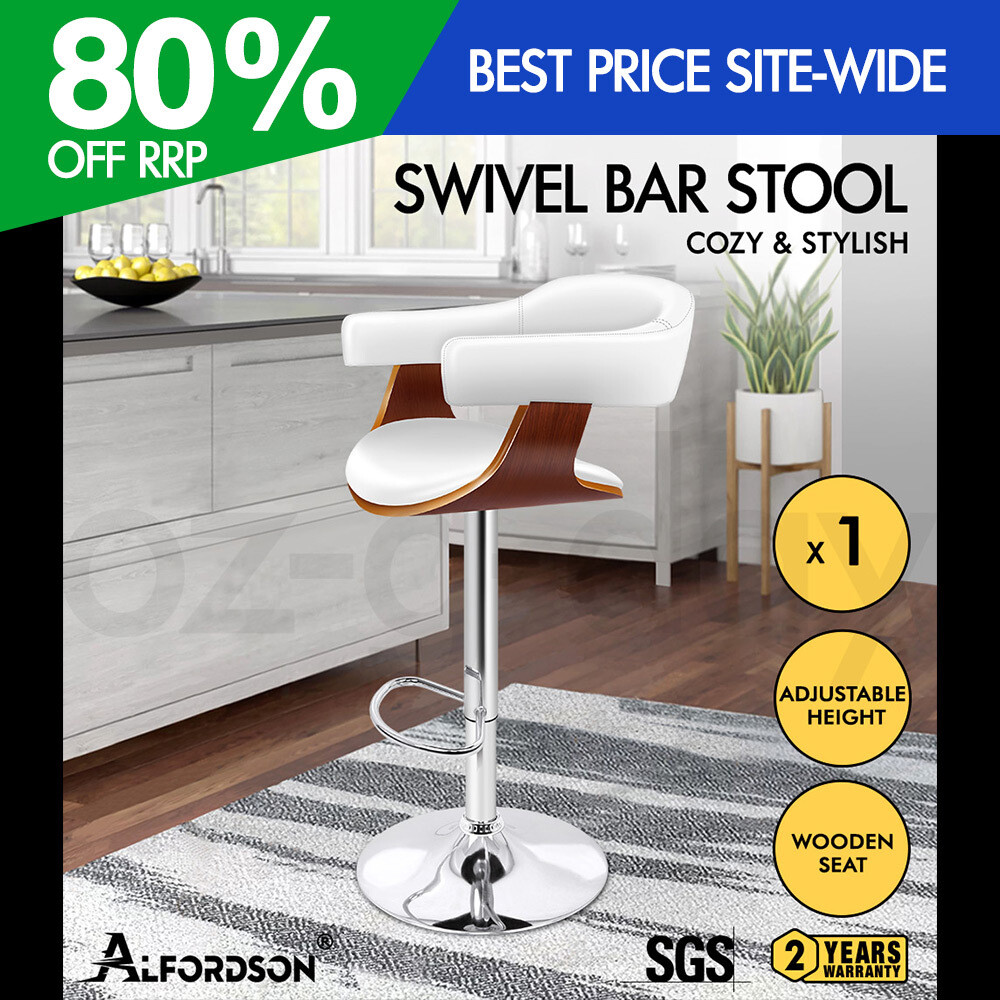 ALFORDSON 1x Bar Stool Joan Kitchen Swivel Chair Wooden Leather Gas