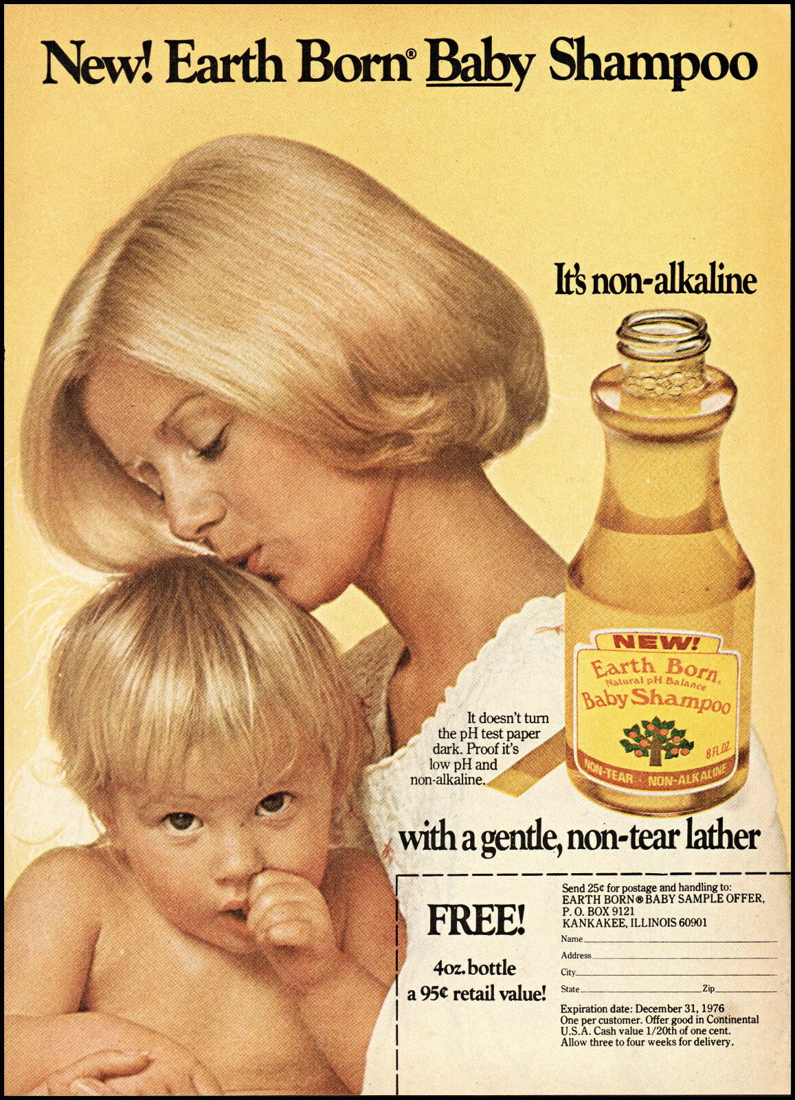 1974 Blonde Mom kissing baby Earth Born baby shampoo retro photo print ad S18
