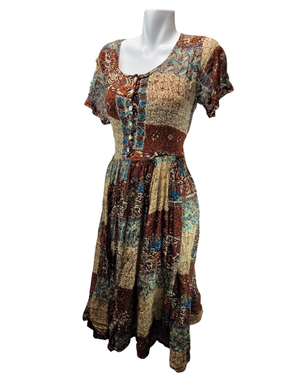 Vtg Womens Dress M Brown Boho Patchwork Cottage Hippie Tie Waist Button Front | eBay Vtg Womens Dress M Brown Boho Patchwork Cottage Hippie Tie Waist Button Front | eBay