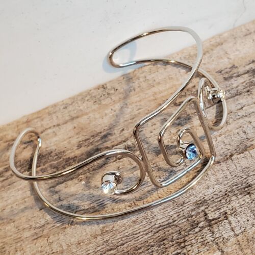 Vintage 90s Y2K Artsy Rhinestone Detail Silver Cuff Bracelet - Picture 3 of 10