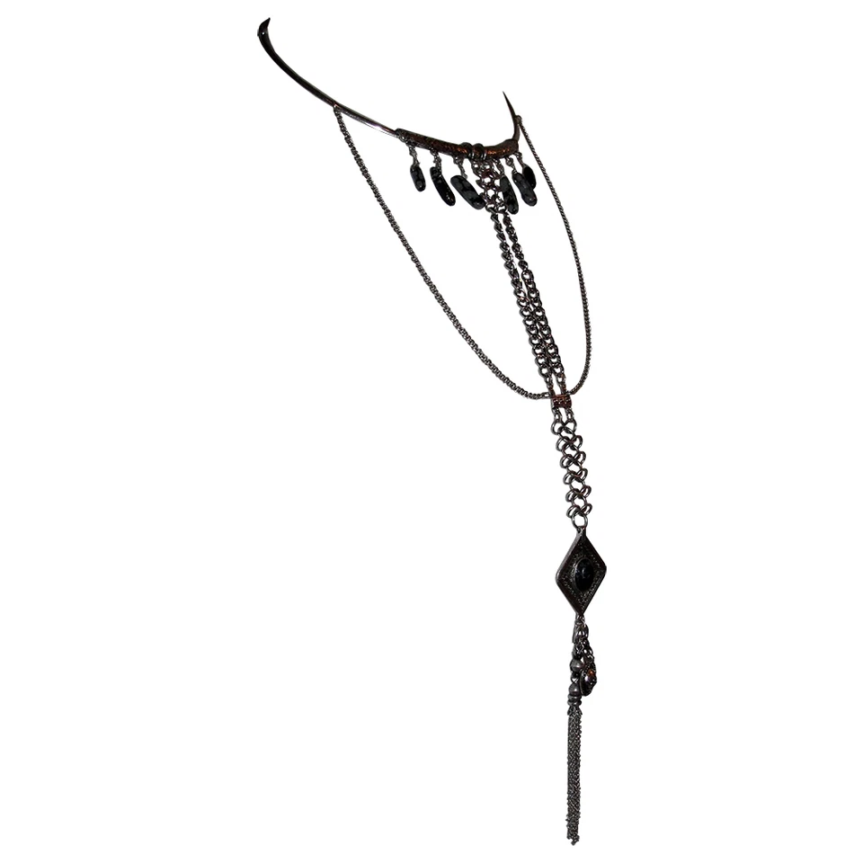 New Silver Tone Bedouin Inspired Obsidian Dangle Necklace  - Image 3 of 4