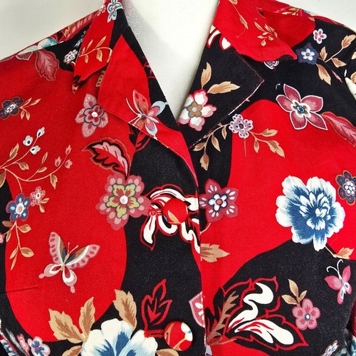 Anne Carson Jacket Blazer Size M Asian Japanese Belted Red Floral Button Up - Picture 3 of 8