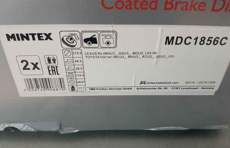 DISCOS DE FREIO DIANTEIRO MINTEX MDC1856C (2) REVESTIDOS VENTILADOS SERVE PARA LEXUS RX TOYOTA HARRIER - Imagem 2 de 2