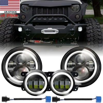 7'' Round LED Headlights + 4'' Fog Lights Combo Kit For Jeep Wrangler JK 2007-17