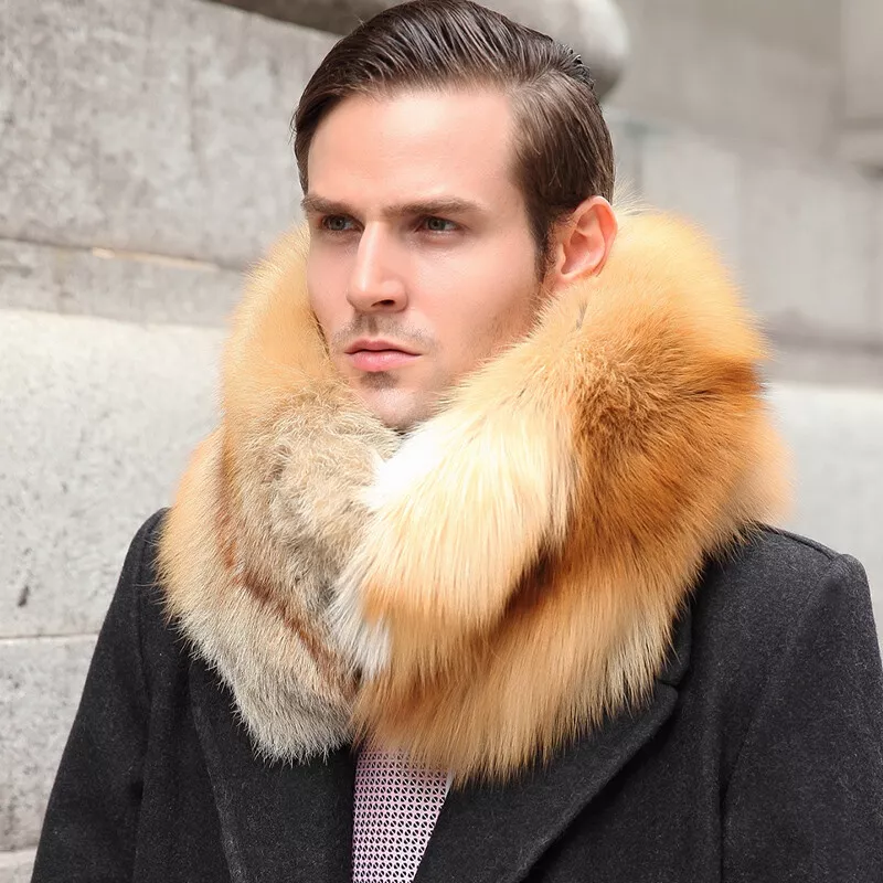 Men's Real Fox Fur Scarf Collar Winter Neckerchief Wraps Double