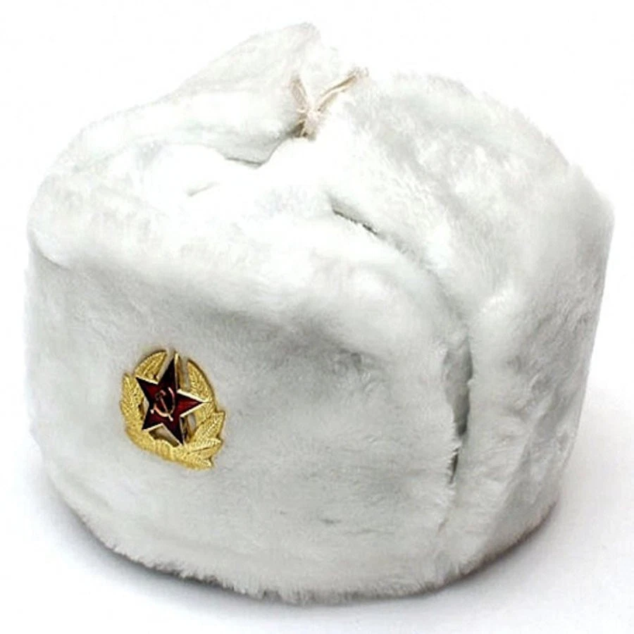 Authentic Russian White Ushanka Hat w/ Soviet Red Army Badge