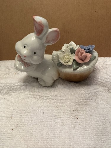 Cute Bunny Rabbit with Flower Basket Figurine/ Easter, Spring Decoration