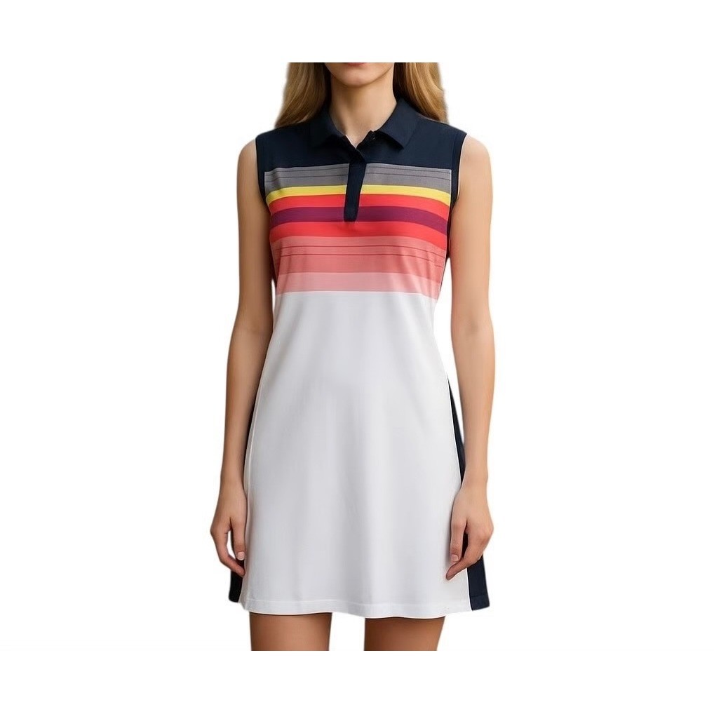 Polo Dress Sleeveless Geometric Stripe White Navy Medium