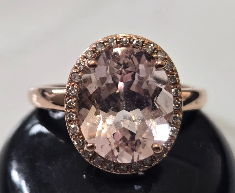 9ct Rose Gold Ring Morganite and Diamond Stones Full UK Hallmark Ring Size Q 1/2 - Image 2 of 4