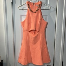 G by Guess Neon Orange Y2K Cutout Dress Gold Tone Chain Detail Size S