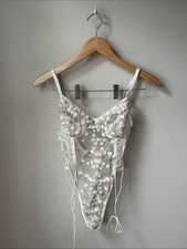 Floral Embroidered Mesh Corset Bodysuit Lace-Up Sides Lingerie Teddy
