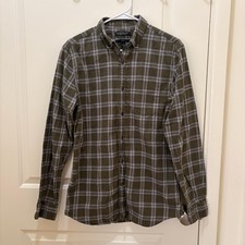 Banana Republic Men's M Slim Fit Lux Plaid Flannel Button Down Shirt Green Gray