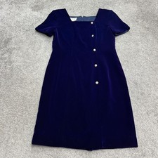 Vintage 90s Talbots Velvet Knee Length Sheath Dress Womens 4 Blue Button Up Work