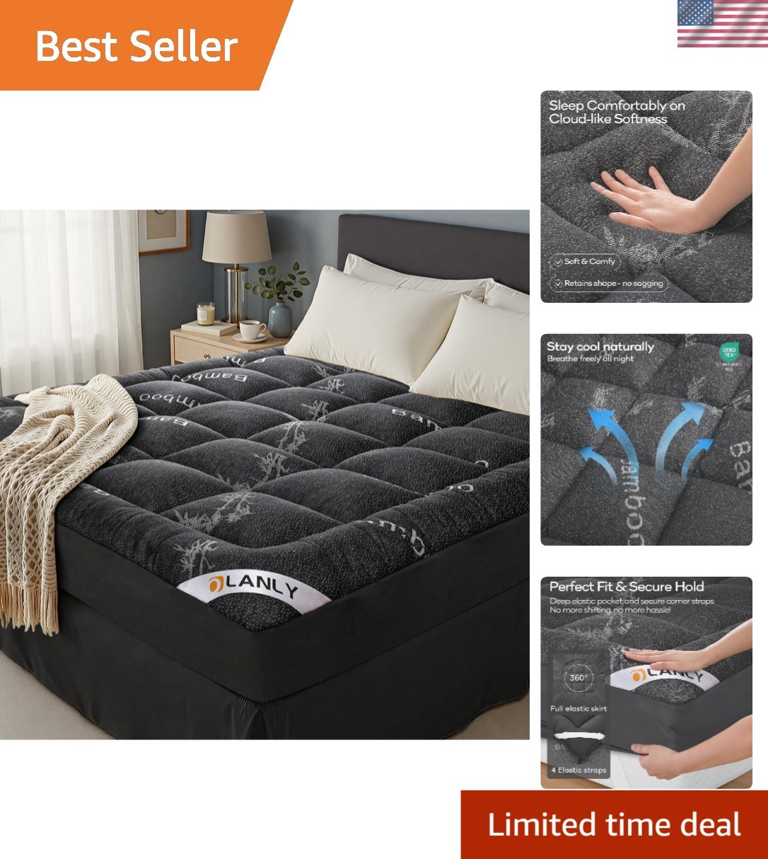 Queen Bamboo Viscose Plush Cooling Mattress Topper