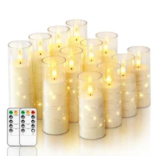 Homemory 12Pcs Flameless Candles with Star String Fairy Lights, Flickering Ba...